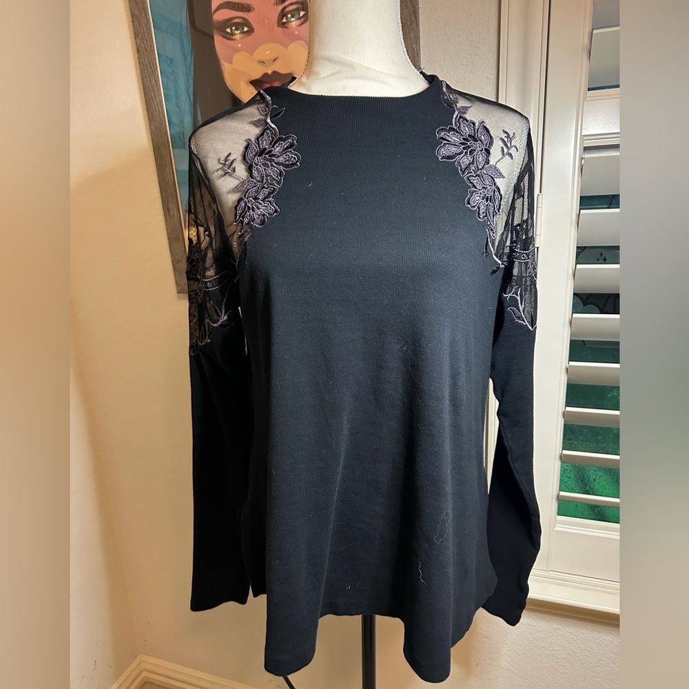 Free People Daniella Black Sweater with Mesh Embroidered Shoulders • S - Picture 3 of 15